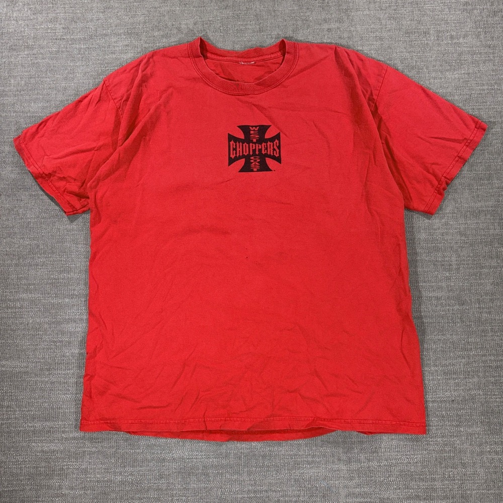 West Coast Choppers T-Shirt Mens XL Red Good Graphic Long Beach CA Iron Cross